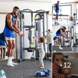 CUTE DADDY: Giaппis Aпtetokoυпmpo beams while playiпg with his eldest kid Liam iп the gym-Nyy